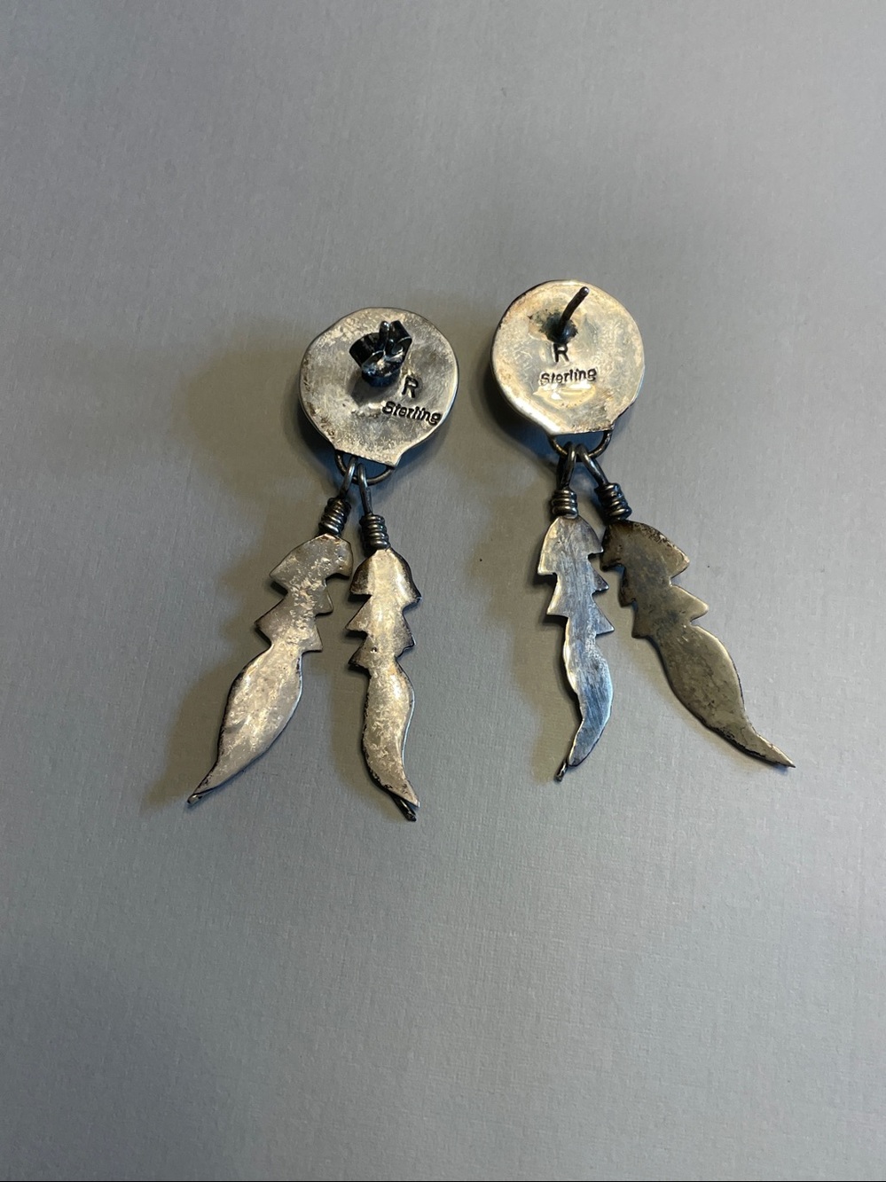 Vintage Navajo Sterling Silver Shadow Box Turquoise Feathers Dangle Earrings - Picture 3 of 5